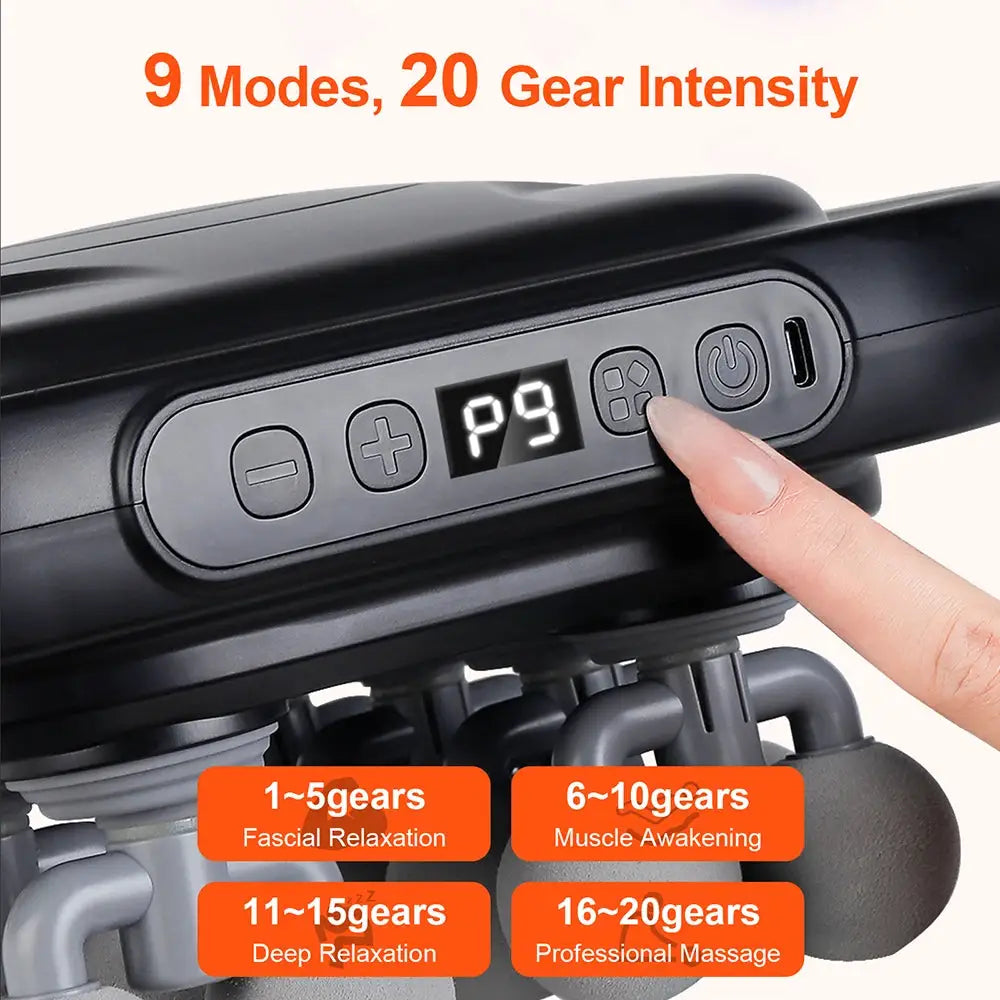 Fascia gun massager by Simples Market, black body with 16 heads and digital display P9