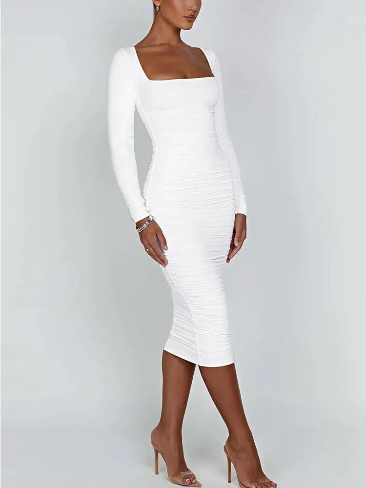 Autumn Winter Women Bodycon Dress Square Neck Long Sleeve Evening