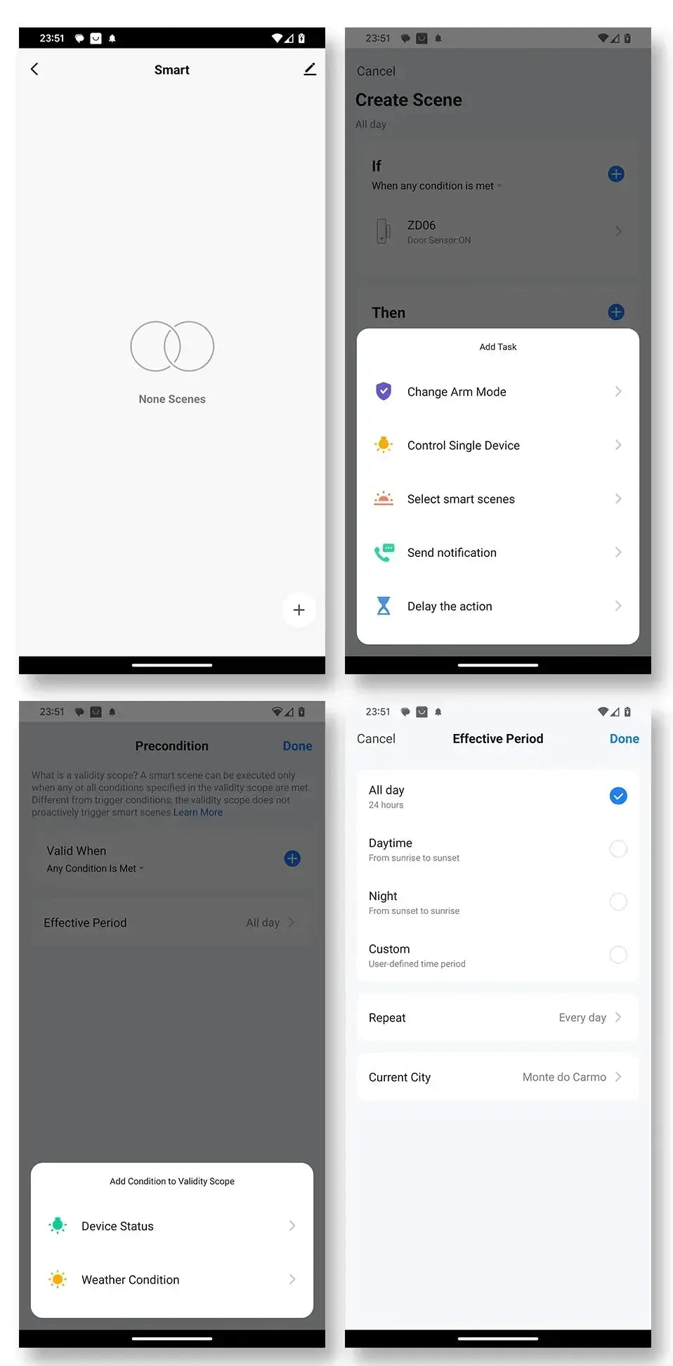 Door sensor contact sensor by Simples Market for Tuya WiFi Zigbee; smart home scene automation UI shown
