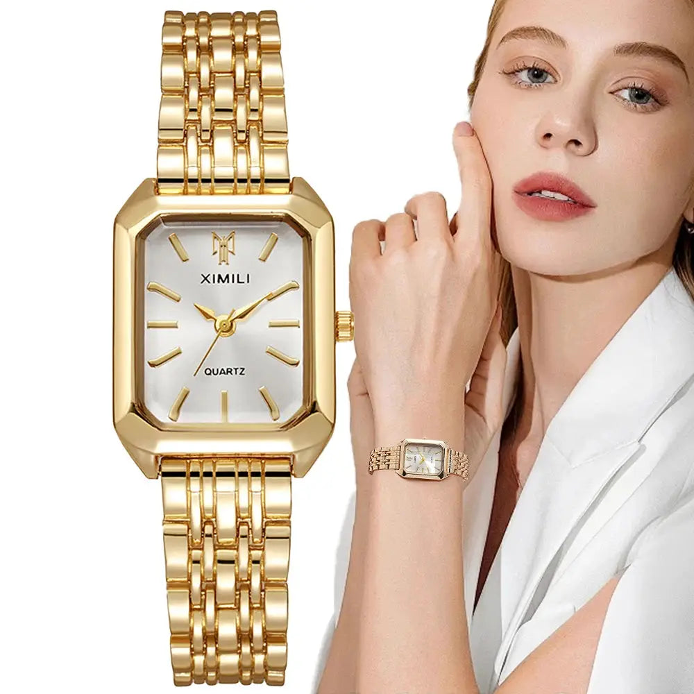 AuroraTime LuxeSquare Ladies Quartz Watch Gold Plated Stainless Steel Case Elegant Square Dial