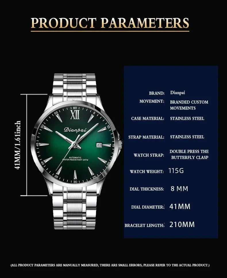Dianpai men's stainless steel automatic watch with green dial, calendar date window