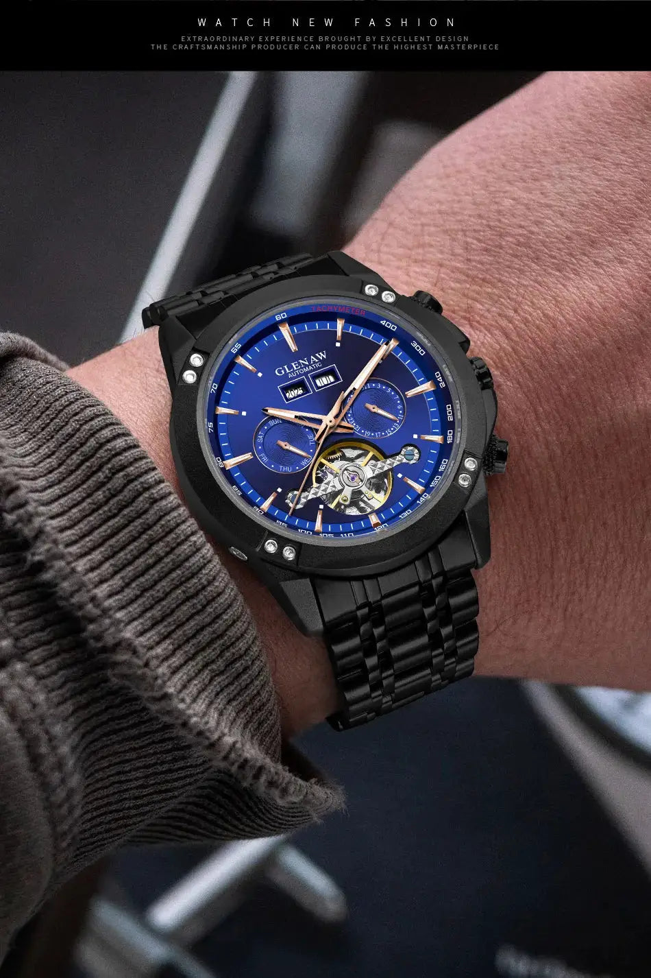 Glenaw men's automatic watch with blue dial, skeleton movement, black stainless steel bracelet