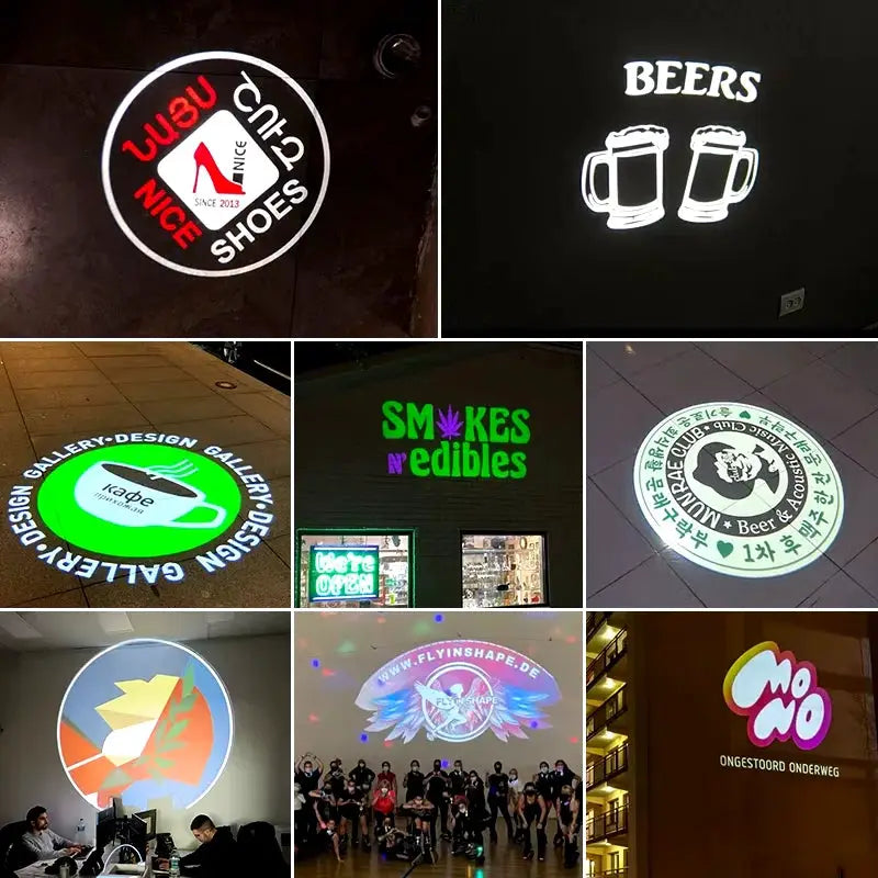 Custom Gobo Projector Light; outdoor rotating LED logo spotlight for commercial shop entrances; collage of 9 logo projections