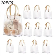 Simples Market 10-piece frosted tote gift bags with brown handles; clear eco-friendly holiday/birthday gift bags
