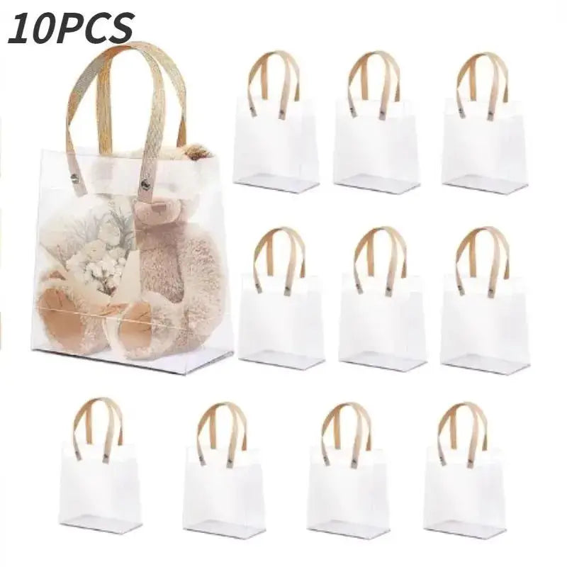 Simples Market 10-piece frosted tote gift bags with brown handles; clear eco-friendly holiday/birthday gift bags