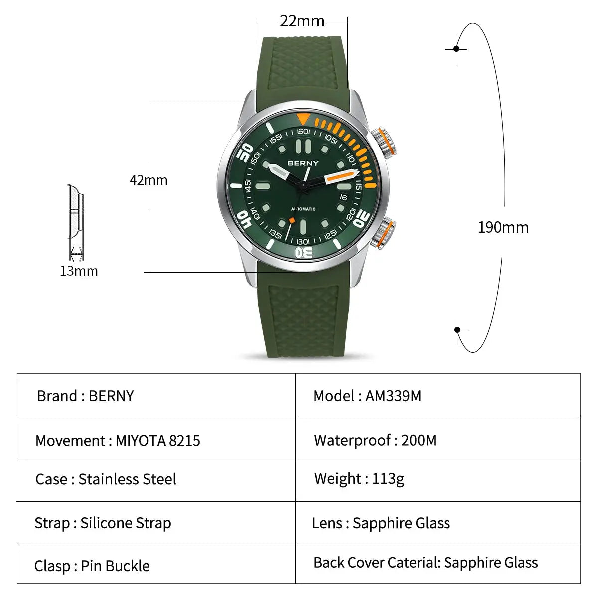 BERNY automatic dive watch for men, green dial, silicone strap, 200m water resistant