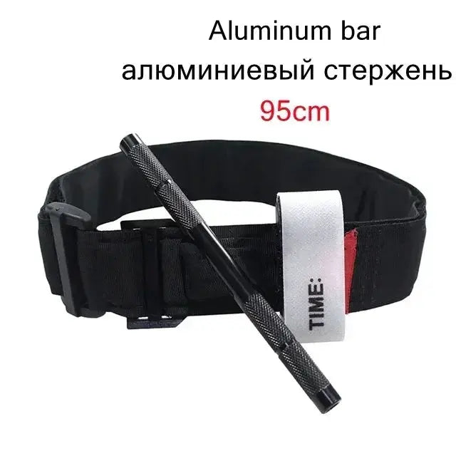 Tourniquet with aluminum rod, black strap, TIME patch; tactical outdoor first-aid gear