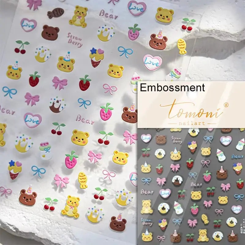 Nail art stickers by Simples Market in pink translucent peach jelly texture with 5D embossed self-adhesive fruit motifs