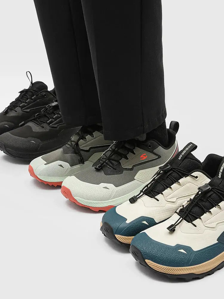 HOBIBEAR hiking shoes, four colorways shown with elastic laces and non-slip outsoles.