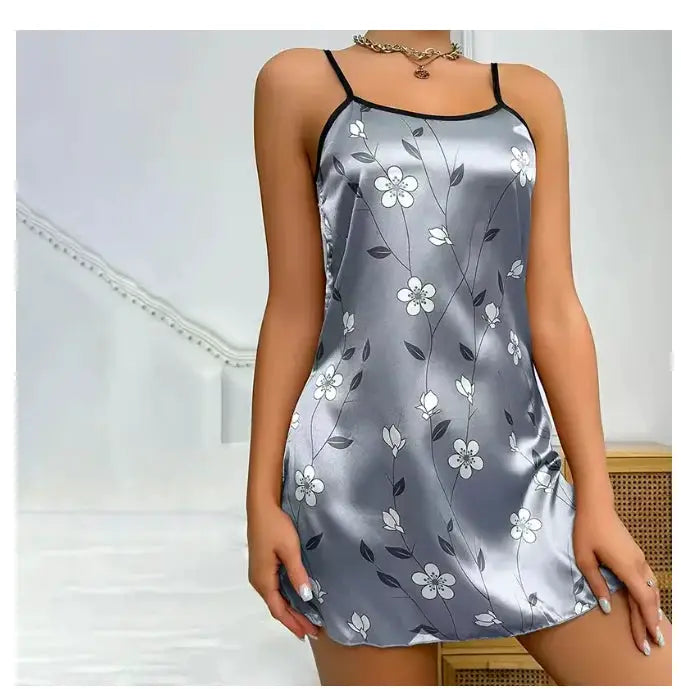 LuxeLoom Floral Satin Sleeveless Backless Nightgown For Summer Breathable Comfort Everyday Sleepwear