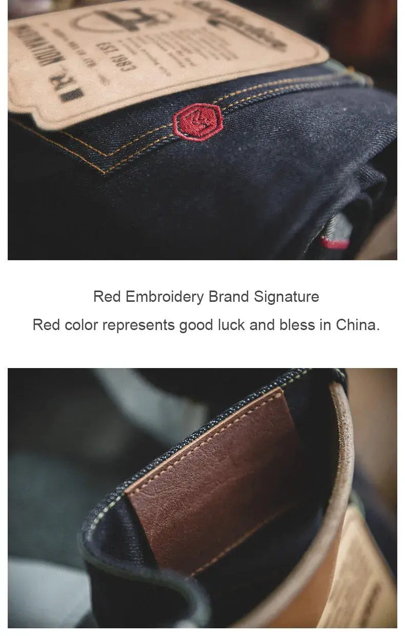 Maden Retro 14.5oz selvedge raw denim jeans by Simples Market; red embroidered brand badge on back pocket