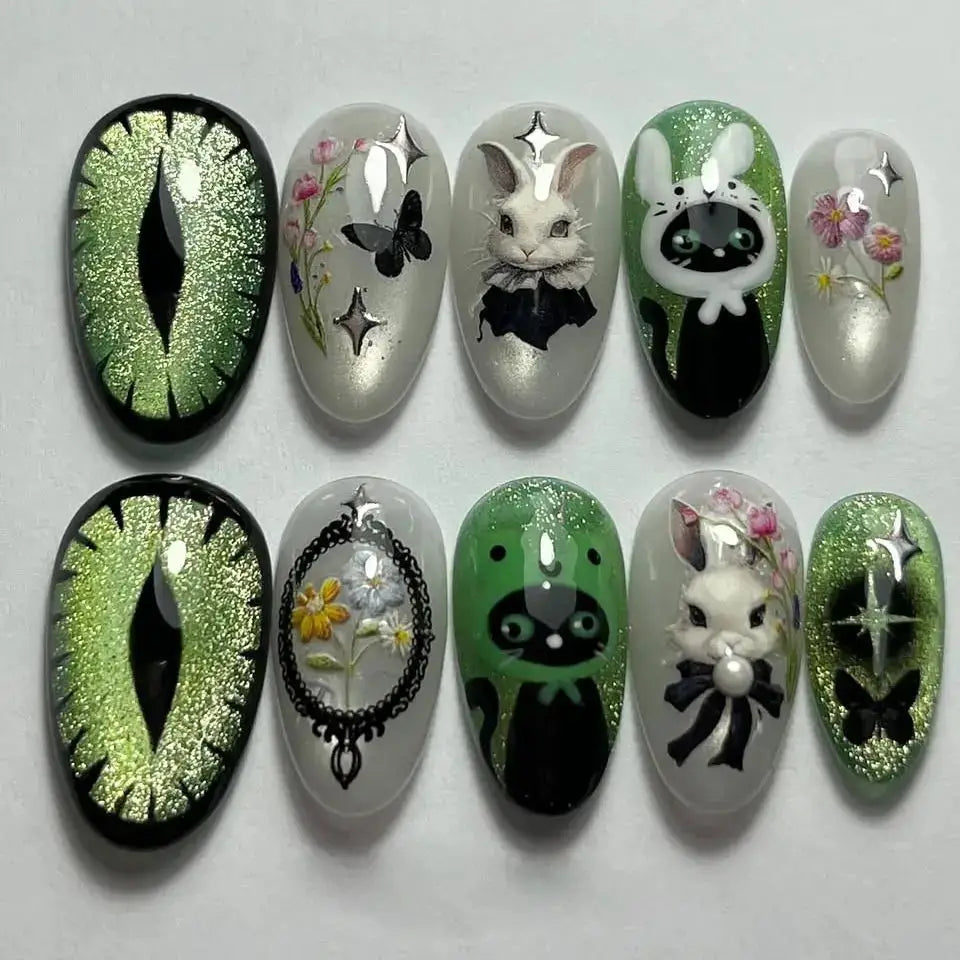 Spicy Girl Flower Print Press On Nails 24Pcs Wine Red Blush Almond Wearable Reusable False Nail Tips For Summer
