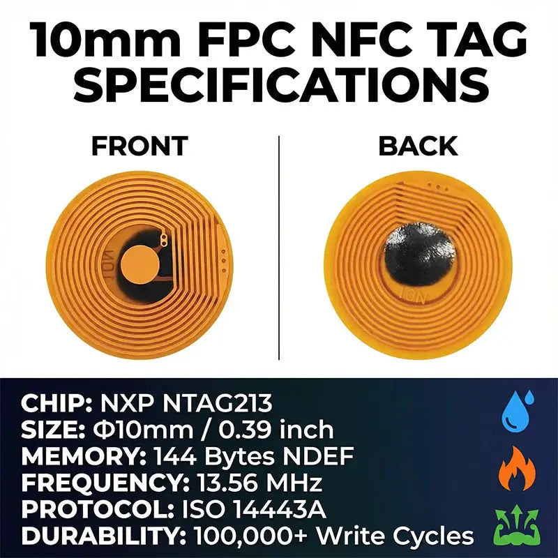 NFC tag 10mm orange NTAG213, Simples Market, passive FPC RFID at 13.56 MHz ISO 14443A