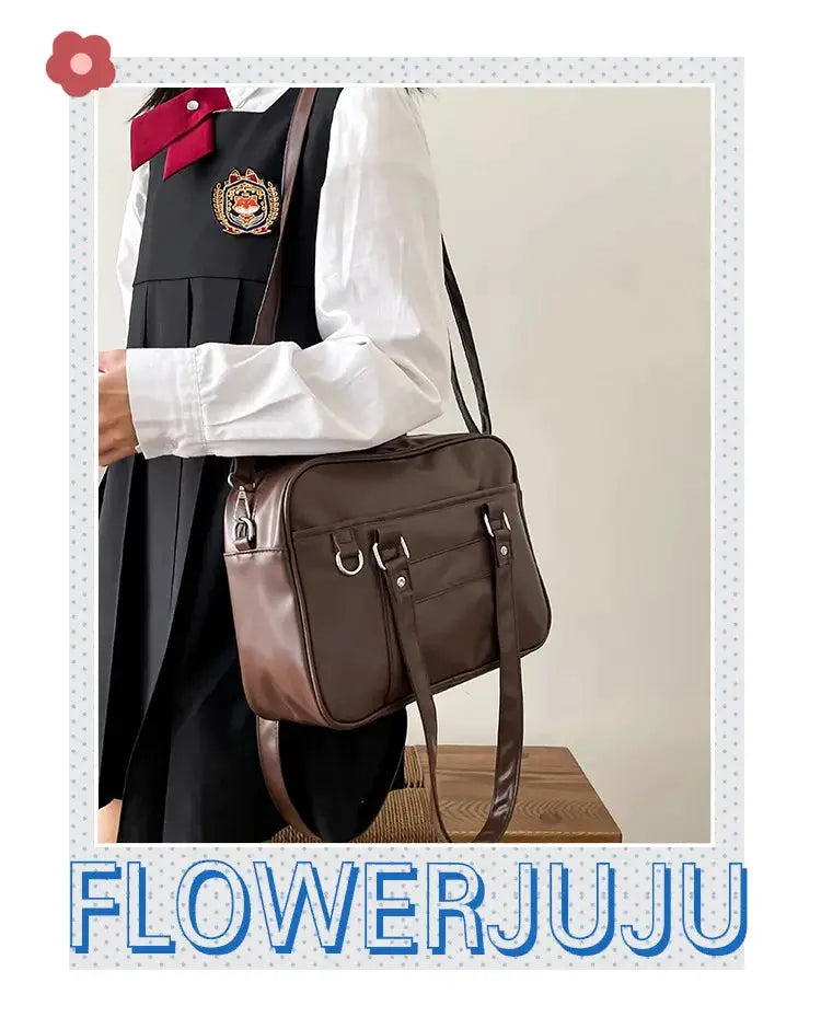 Japanese Style JK Bag in brown PU leather with front pockets and crossbody strap.