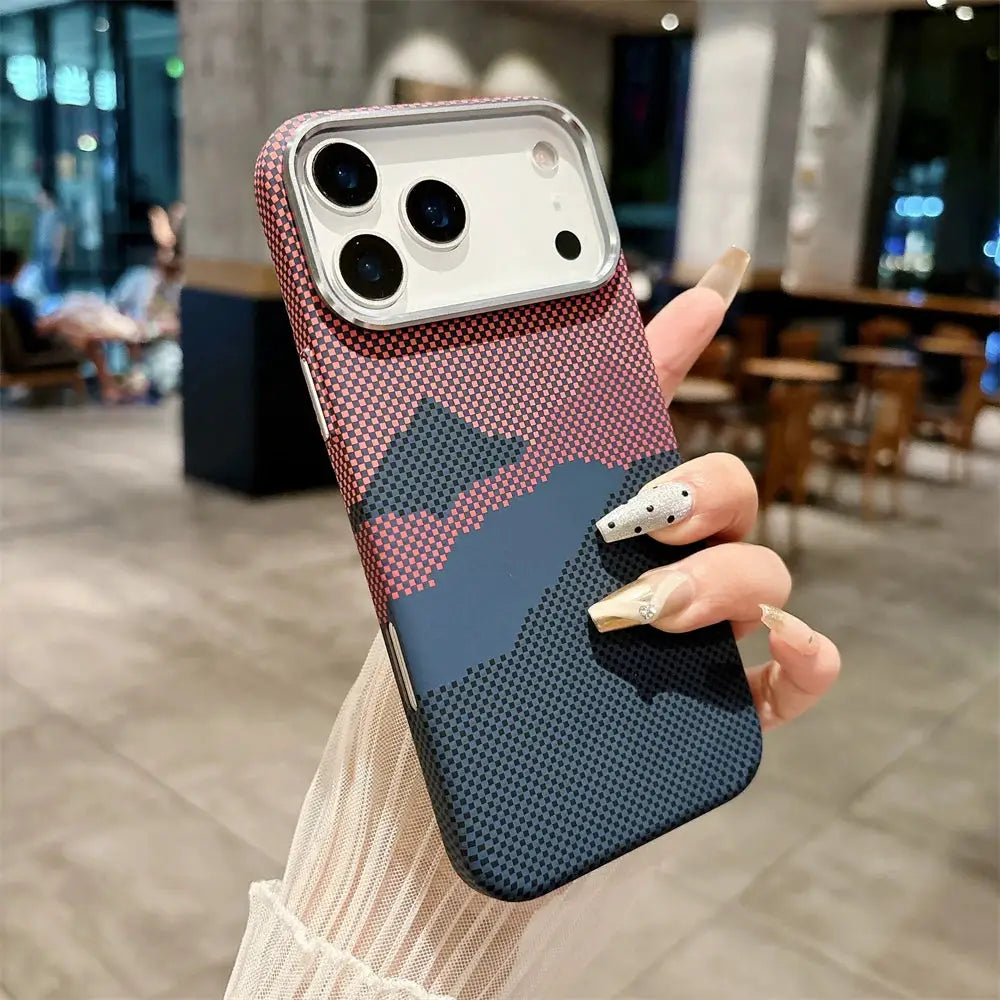 Kelvar carbon fiber phone case for iPhone 17 Pro Max; ultra-thin, magnetic wireless charging, colorful pattern.