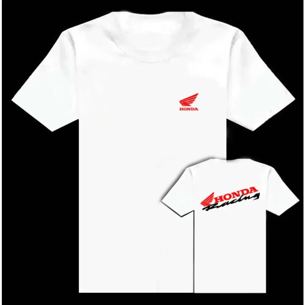 Two white Honda Racing T-shirts with red Honda logo on chest and bold Honda Racing graphic on back