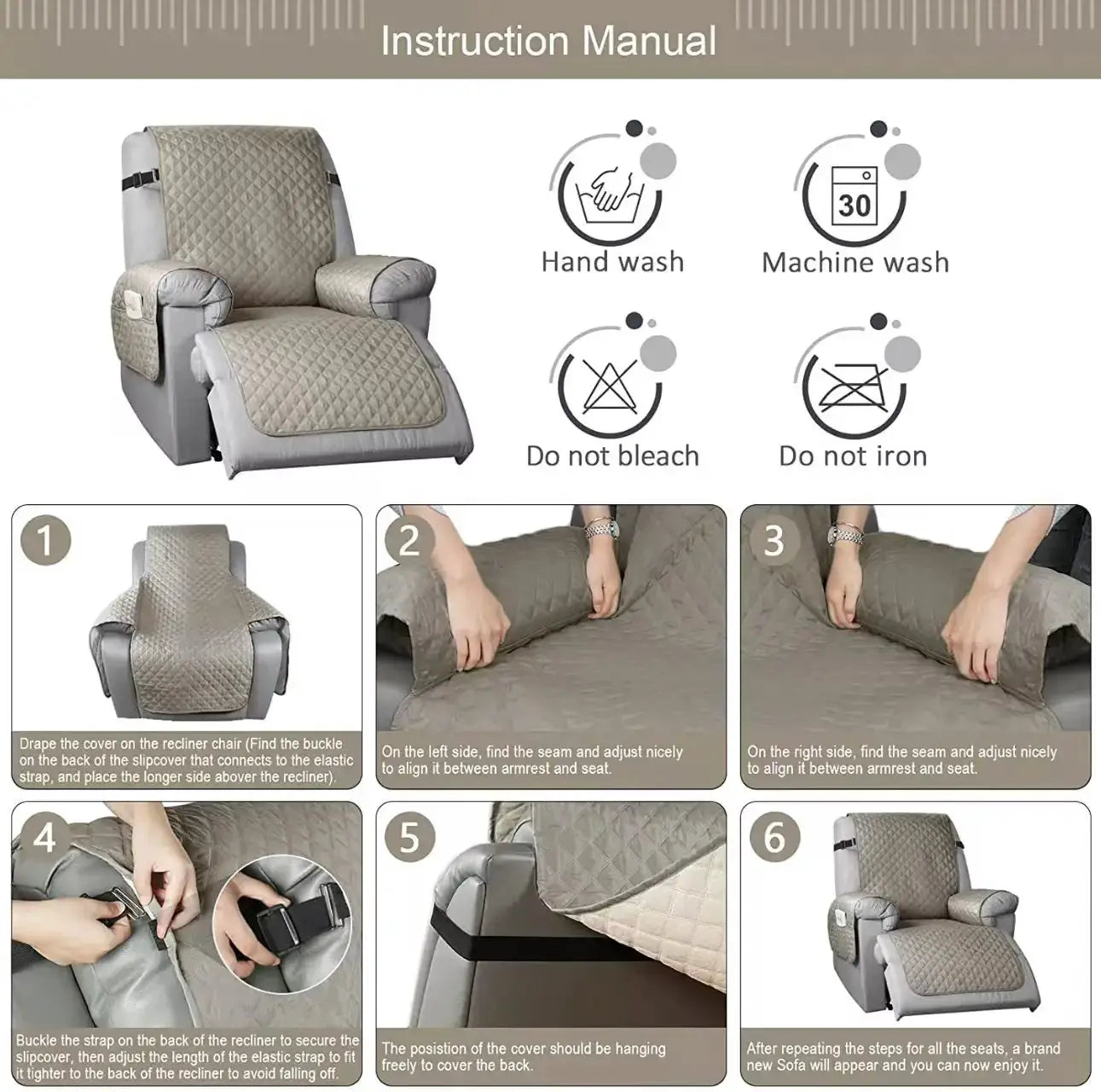 Beige quilted solid-color recliner sofa cover with anti-slip design