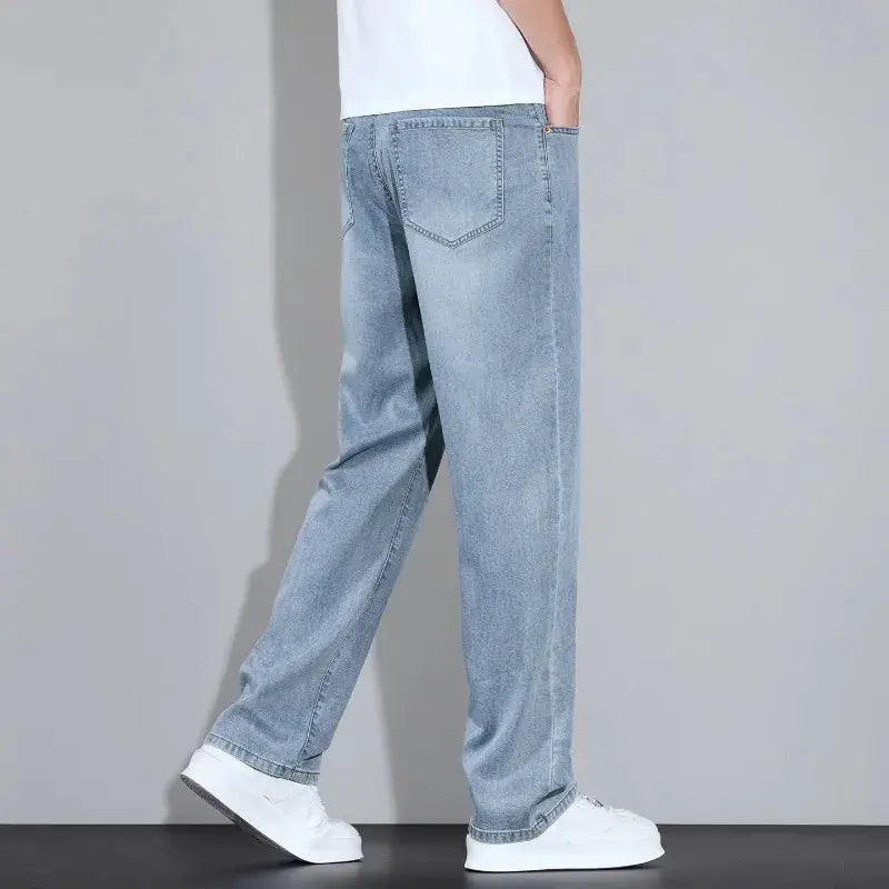 Lyocell Ice Silk Jeans by Simples Market, light blue denim straight-leg casual trousers