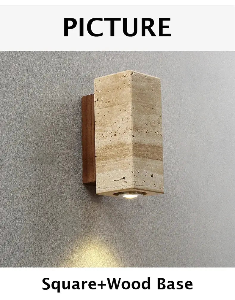 Wabi Sabi Yellow Marble Wall Lamp with wood base, LED bedside wall sconce by Simples Market