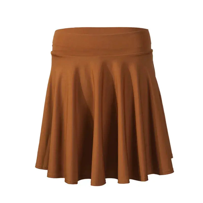 Flared mini skirt in warm brown with a wide waistband and flowy silhouette