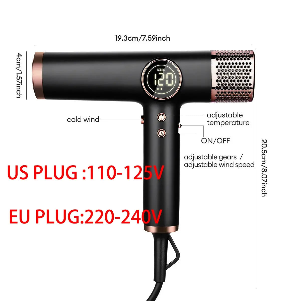 Hair dryer with black body and copper accents, circular digital display, and negative ion technology