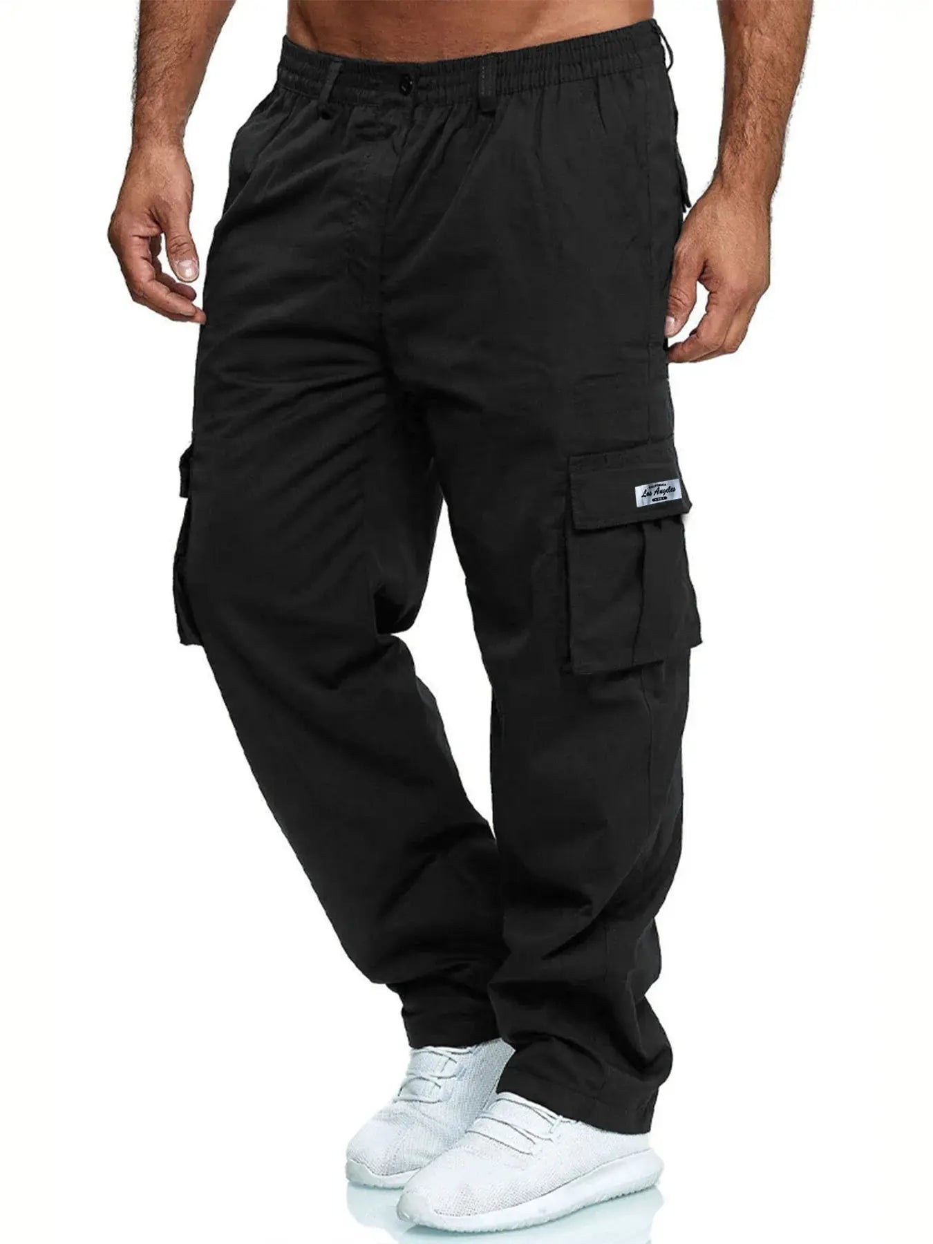 Simples Market men's black cargo pants with multiple pockets and loose straight fit