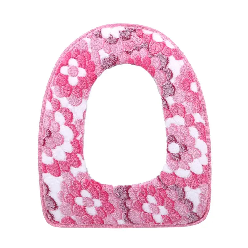 Toilet seat cover plush with pink floral pattern; universal fit, soft bathroom cushion