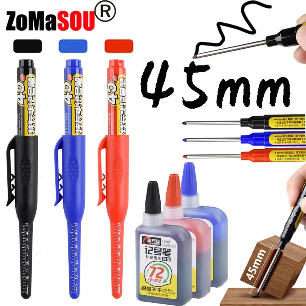 45mm Waterproof Long Head Marker Pen for Deep Hole Marking Tile Carpentry Woodworking Multi Purpose Ink Black Blue Red
