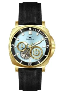 ONOLA wristwatch, gold-tone case with blue skeleton dial and black strap