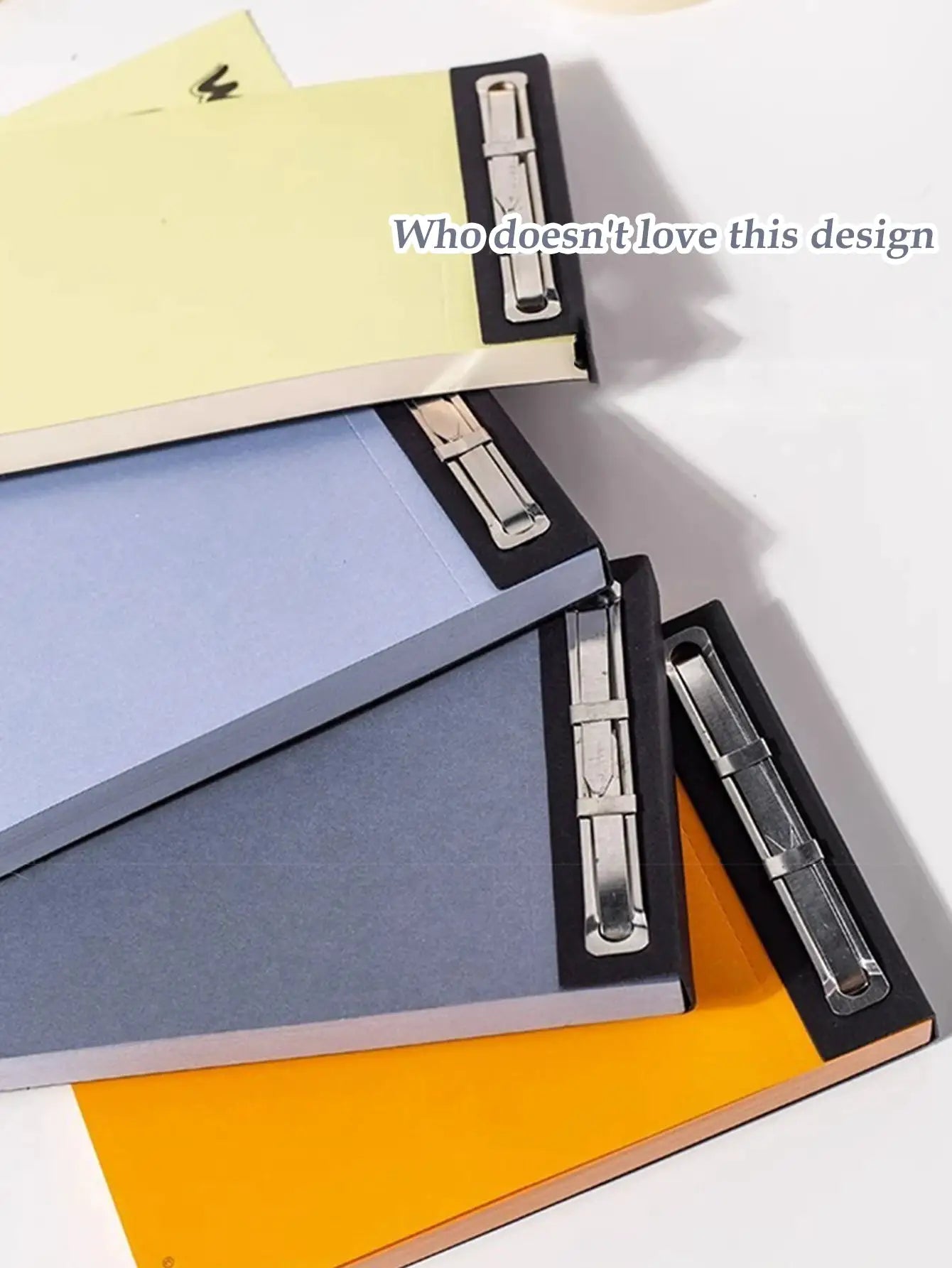 Set of 3 pocket notepads with metal binder spines in yellow, blue and orange covers, 75 sheets each