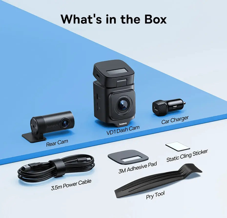 Baseus VD1 black dash cam kit (7 items): front/rear cameras, car charger, 3.5m power cable, adhesive pad, pry tool