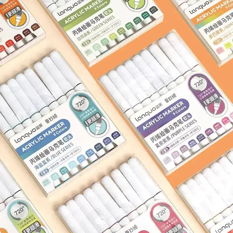 Acrylic marker set, 9 colors, soft brush tips; multiple boxed packs visible