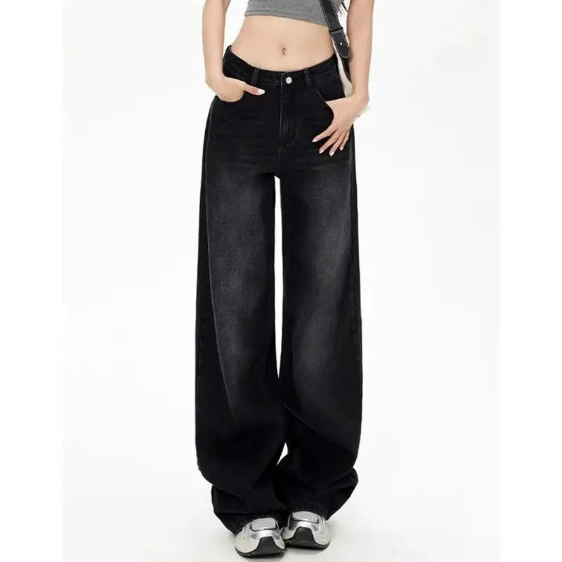 Lady Retro High Waist Black Gray Denim Jeans For Women Straight Leg