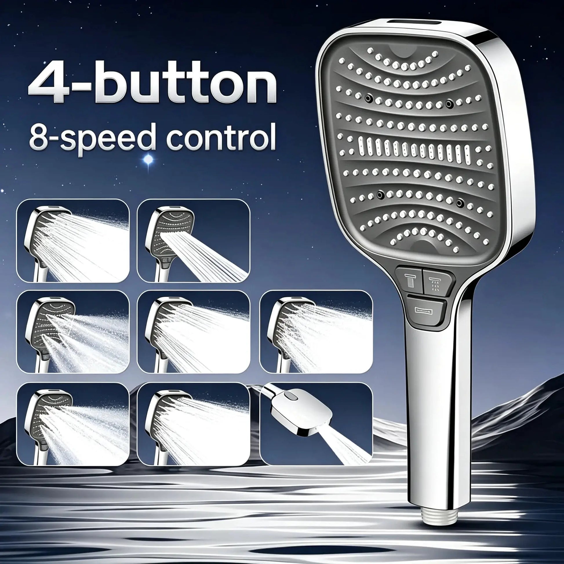 Simples Market square chrome showerhead system with handheld wand and 8 spray modes