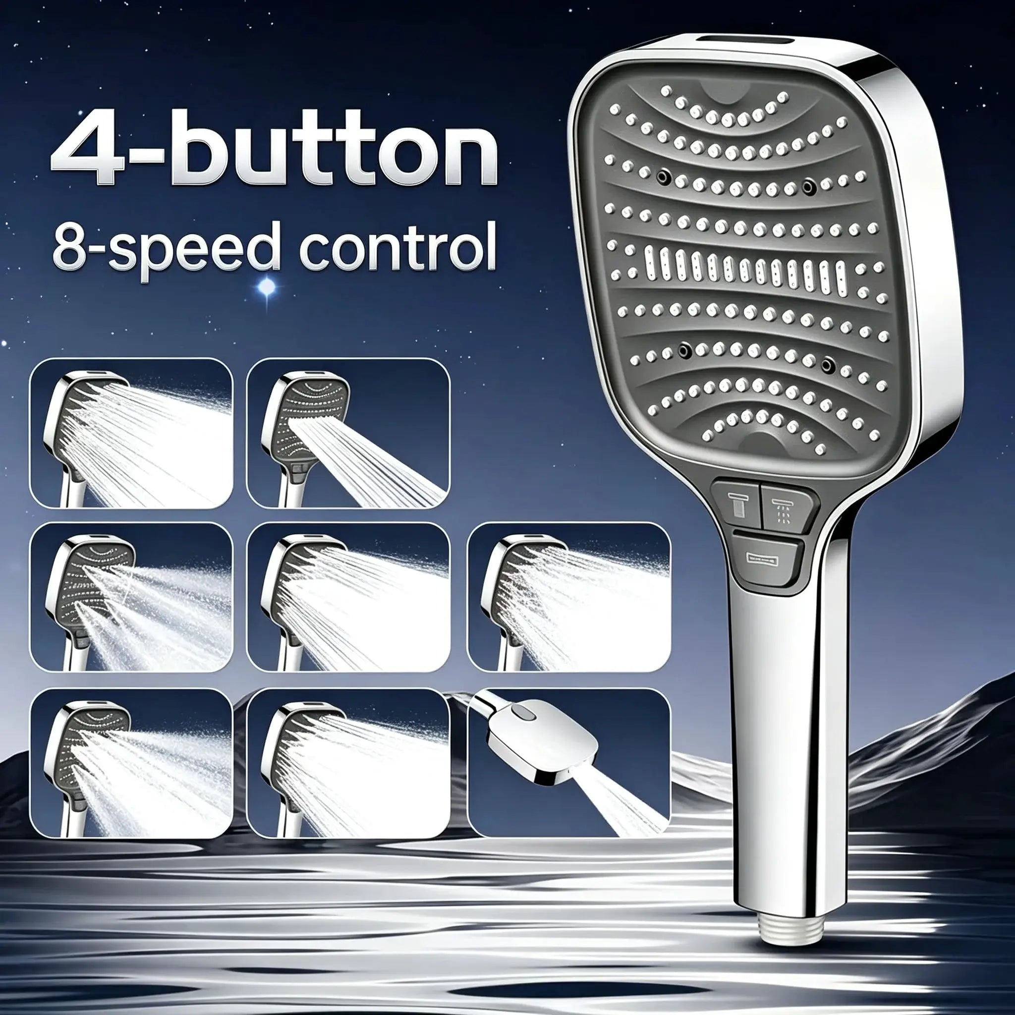 Simples Market square chrome showerhead system with handheld wand and 8 spray modes