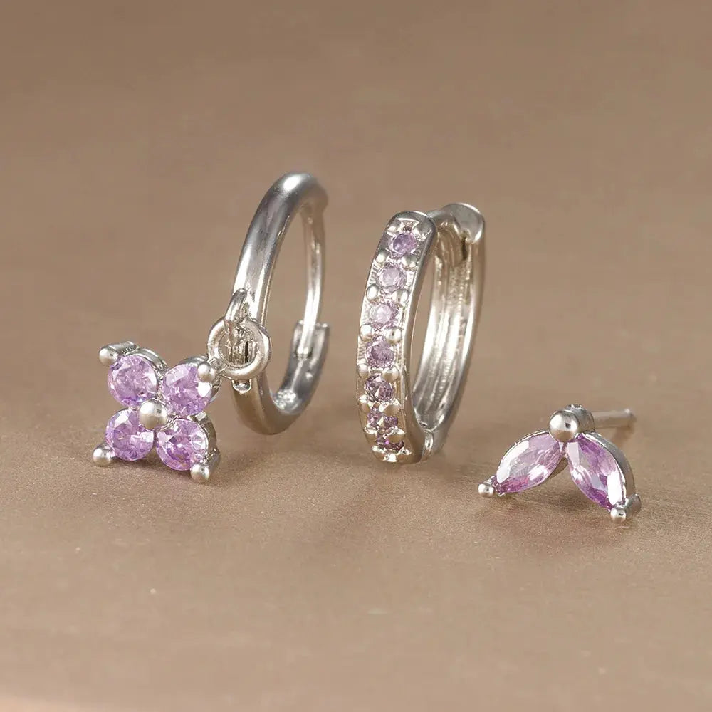 3Pcs Trendy Stainless Steel Flower Drop Earrings Set For Women Crystal Zirconia Dangle Hypoallergenic Piercing Jewelry