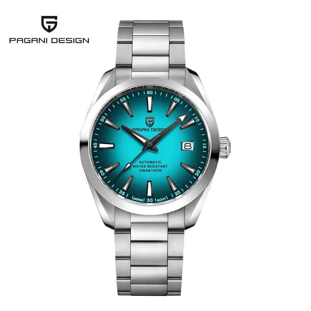 Pagani Design A150 40mm men's automatic watch with blue dial, stainless steel bracelet, date window.