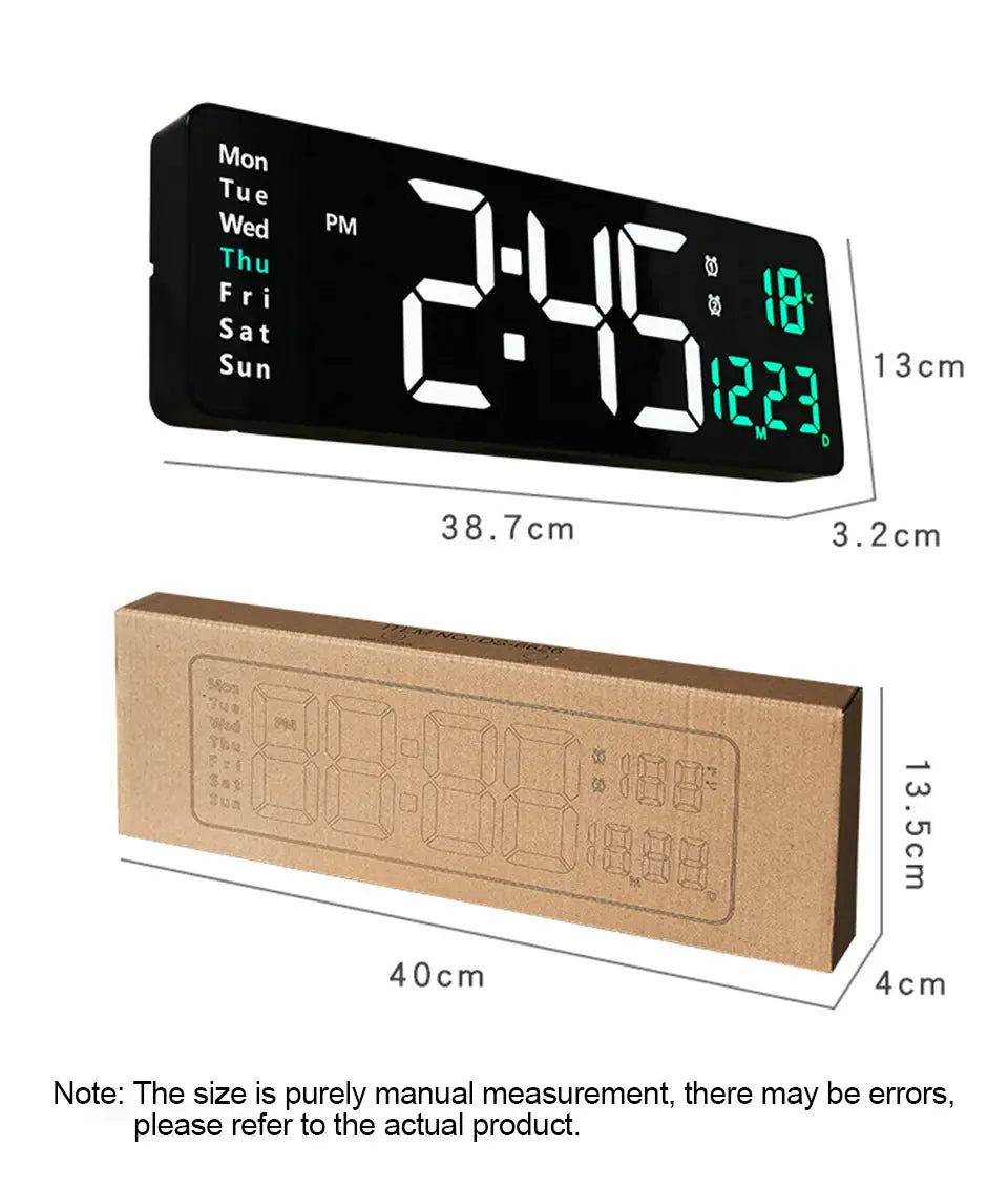 Large digital black wall clock by Simples Market with LED display showing time, date, day and temperature readout