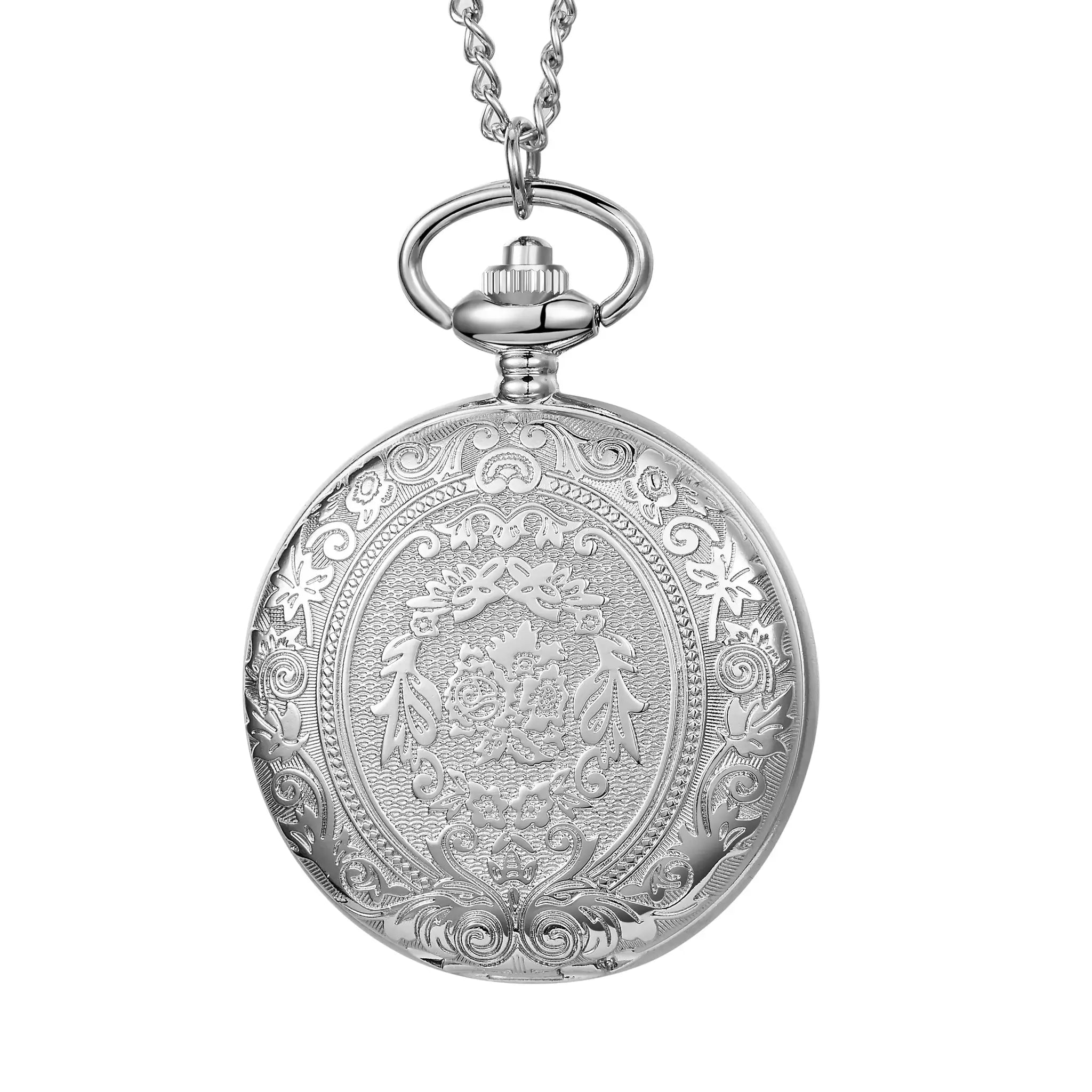 HeritageTime Carved Flip Cover Pocket Watch Necklace Quartz Movement Unisex Gift For Men And Women