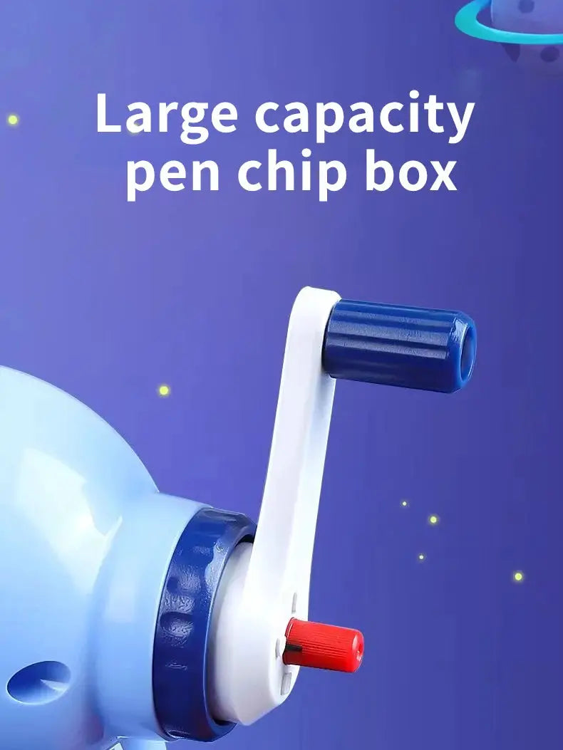 Astronaut cartoon pencil sharpener with hand crank; blue body, white arm, red knob