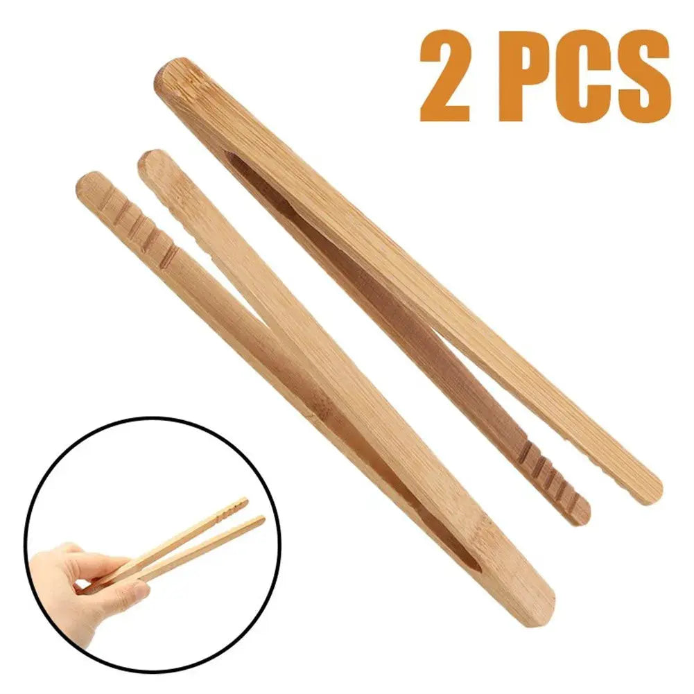 EcoBamboo 2 Pieces 18cm Bamboo Wood Tongs Set for Toast Salad Bacon Tea Kitchen Tools