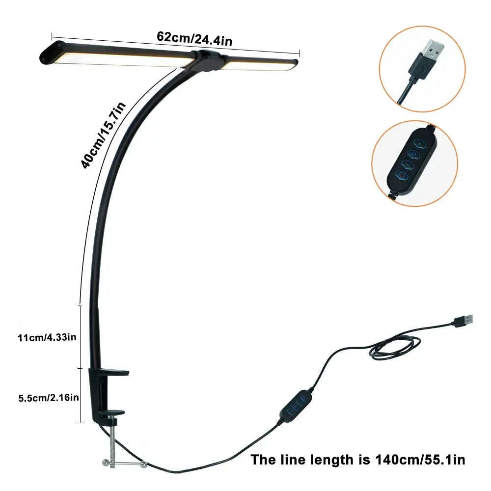 Simples Market eye-care LED clip desk lamp, black metal with adjustable gooseneck and clamp, USB powered