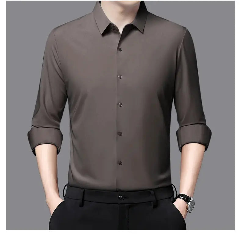 Premium men's ultra-stretch silky shirt in taupe; long sleeves rolled.