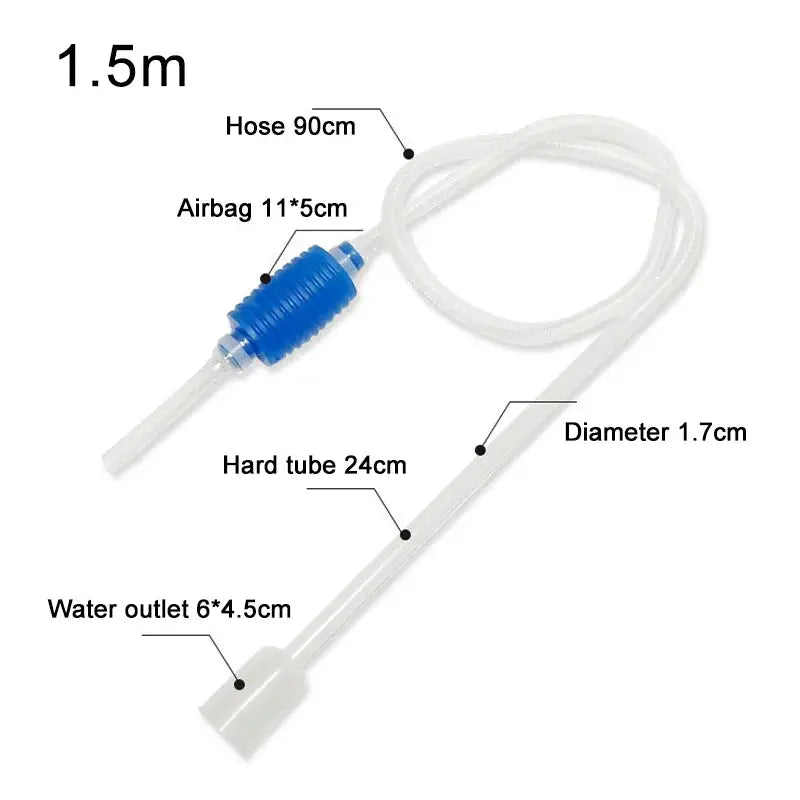 Aquarium siphon gravel cleaner with blue valve and clear hose, 1.5m long.