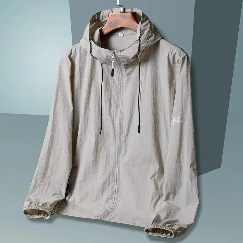 Light gray windbreaker jacket with hood, lightweight UV-protective outerwear by Simples Market