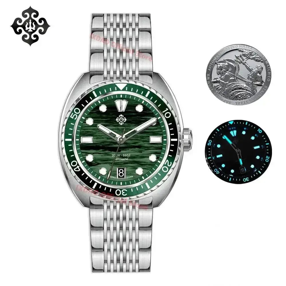 Men's IXDAO IPOSE diving watch with green dial, stainless steel bracelet, 20 bar water resistance by Simples Market
