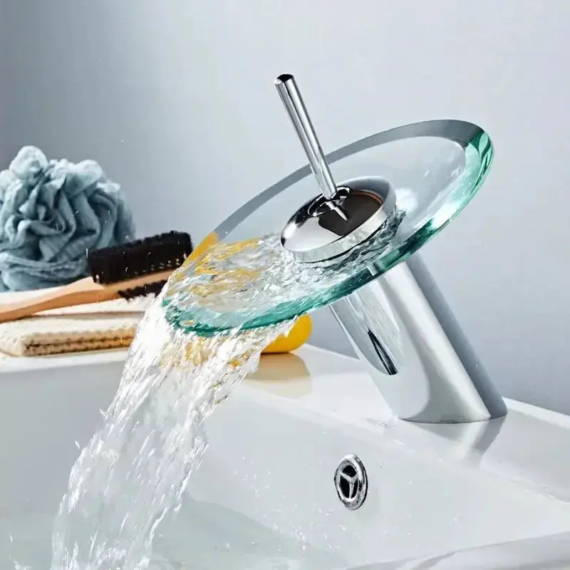 Bathroom colorful glass waterfall faucet, chrome deck-mounted single-lever mixer for wash basin.