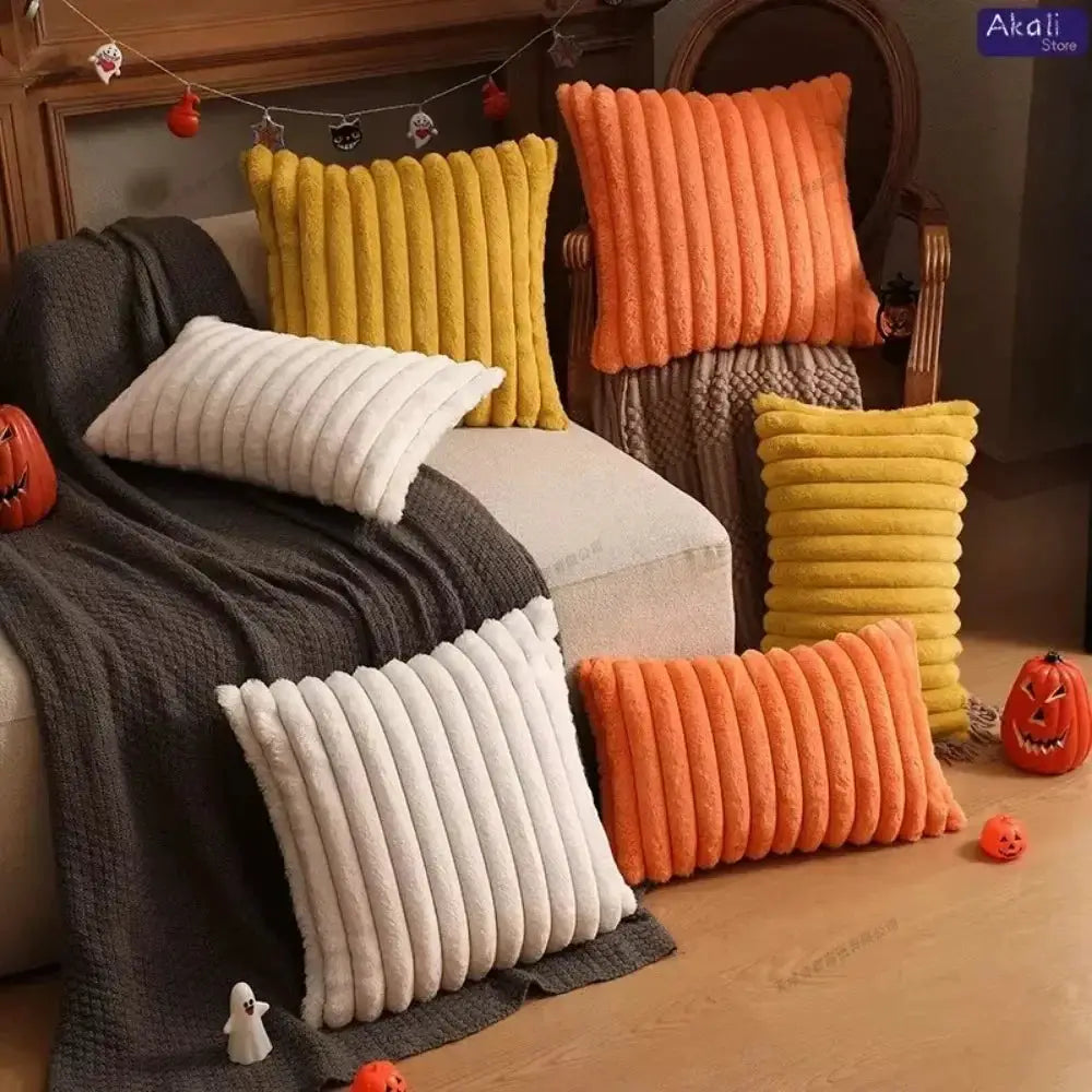 Faux rabbit fur cushion covers; Simples Market ribbed plush pillows in white, yellow, orange (6-pack)