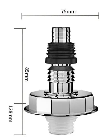 Washing machine floor drain connector by Simples Market; chrome-plated metal with white plastic thread and black gasket