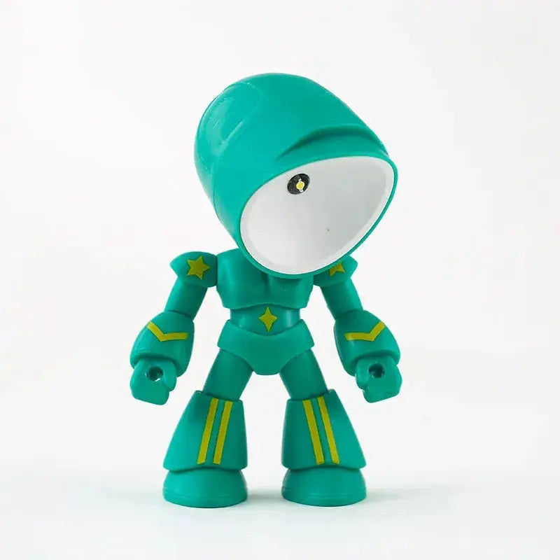 Mini night light LED cartoon hero robot desk lamp in teal with yellow accents